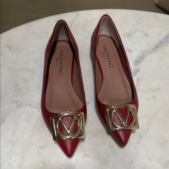 Valentino Shoes - Valentino by Mario Valentino Red Leather Pointed Flats with Gold V Logo Plaque